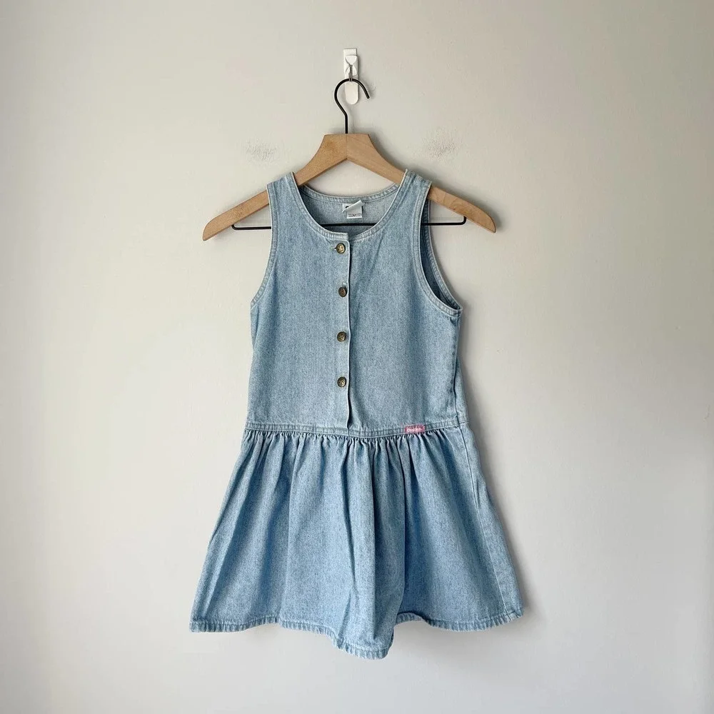 Vintage OshKosh Girl's Denim Button Front Sleeveless Dress Size 6x